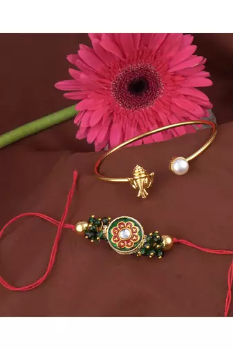 Handmade rakhi combo couple pair real kundan and ganesha bracelet/bangle rakhi set for bhaiya bhabhi