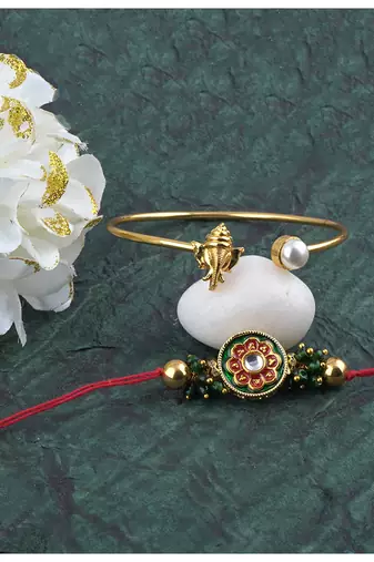Handmade rakhi combo couple pair real kundan and ganesha bracelet/bangle rakhi set for bhaiya bhabhi