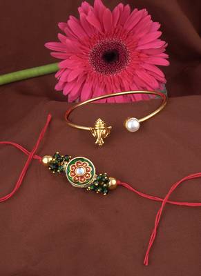 Handmade rakhi combo couple pair real kundan and ganesha bracelet/bangle rakhi set for bhaiya bhabhi 4