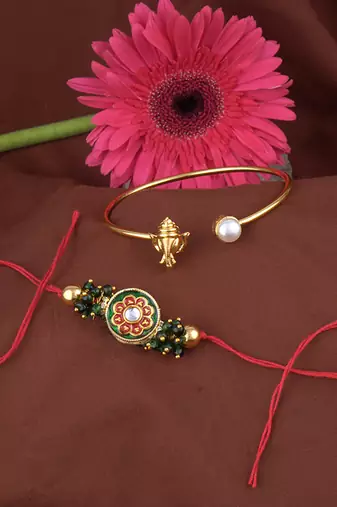 Handmade rakhi combo couple pair real kundan and ganesha bracelet/bangle rakhi set for bhaiya bhabhi