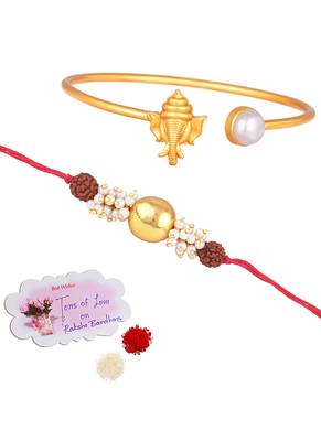 Handmade rakhi combo couple pair gold bead rudraksh and ganesha bracelet/bangle rakhi set for bhaiya bhabhi 1