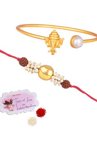 Handmade rakhi combo couple pair gold bead rudraksh and ganesha bracelet/bangle rakhi set for bhaiya bhabhi