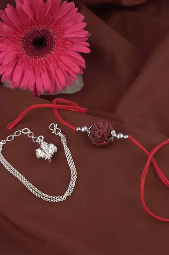 Handmade rakhi combo couple pair panch mukhi rudraksh and ganesha charm unisex bracelet silver plated