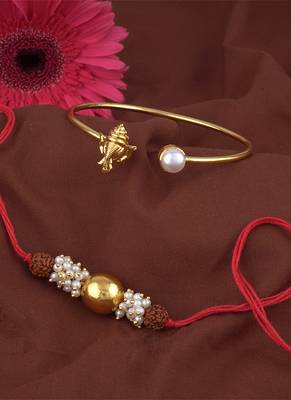 Handmade rakhi combo couple pair gold bead rudraksh and ganesha bracelet/bangle rakhi set for bhaiya bhabhi 2