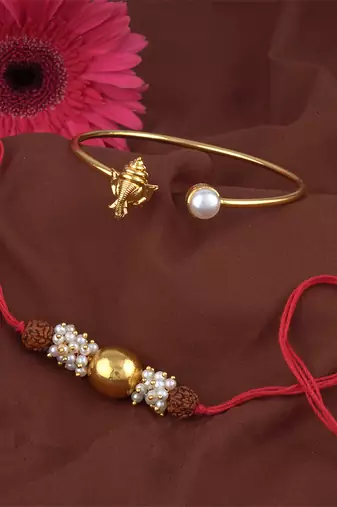 Handmade rakhi combo couple pair gold bead rudraksh and ganesha bracelet/bangle rakhi set for bhaiya bhabhi