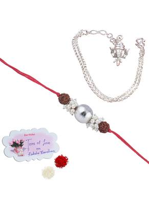 Handmade rakhi combo couple pair silver bead with rudraksh and ganesha charm unisex bracelet silver plated 1