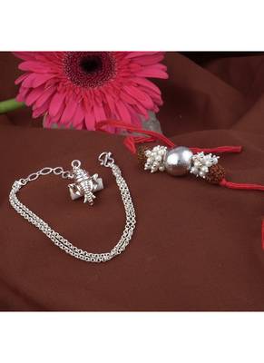 Handmade rakhi combo couple pair silver bead with rudraksh and ganesha charm unisex bracelet silver plated 2