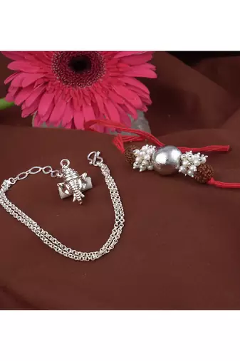 Handmade rakhi combo couple pair silver bead with rudraksh and ganesha charm unisex bracelet silver plated
