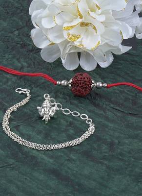 Handmade rakhi combo couple pair panch mukhi rudraksh and ganesha charm unisex bracelet silver plated 3