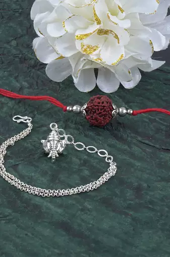 Handmade rakhi combo couple pair panch mukhi rudraksh and ganesha charm unisex bracelet silver plated