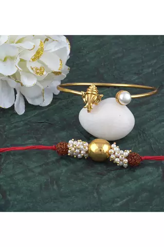 Handmade rakhi combo couple pair gold bead rudraksh and ganesha bracelet/bangle rakhi set for bhaiya bhabhi