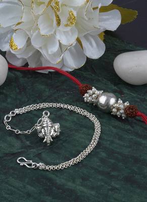 Handmade rakhi combo couple pair silver bead with rudraksh and ganesha charm unisex bracelet silver plated 3