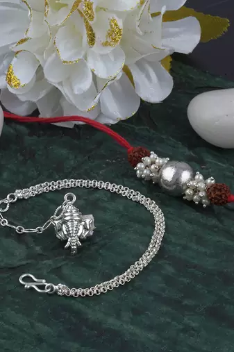 Handmade rakhi combo couple pair silver bead with rudraksh and ganesha charm unisex bracelet silver plated