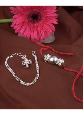 Handmade rakhi combo couple pair silver bead with rudraksh and ganesha charm unisex bracelet silver plated 4