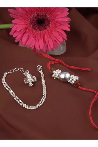 Handmade rakhi combo couple pair silver bead with rudraksh and ganesha charm unisex bracelet silver plated