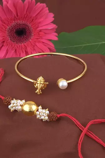Handmade rakhi combo couple pair gold bead rudraksh and ganesha bracelet/bangle rakhi set for bhaiya bhabhi