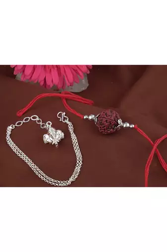 Handmade rakhi combo couple pair panch mukhi rudraksh and ganesha charm unisex bracelet silver plated