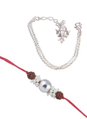 Handmade rakhi combo couple pair silver bead with rudraksh and ganesha charm unisex bracelet silver plated 5