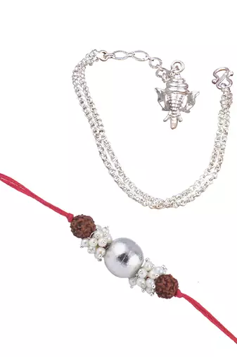 Handmade rakhi combo couple pair silver bead with rudraksh and ganesha charm unisex bracelet silver plated