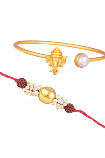 Handmade rakhi combo couple pair gold bead rudraksh and ganesha bracelet/bangle rakhi set for bhaiya bhabhi