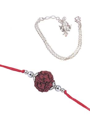 Handmade rakhi combo couple pair panch mukhi rudraksh and ganesha charm unisex bracelet silver plated 5
