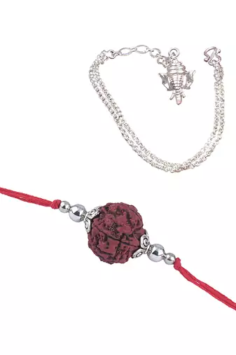 Handmade rakhi combo couple pair panch mukhi rudraksh and ganesha charm unisex bracelet silver plated