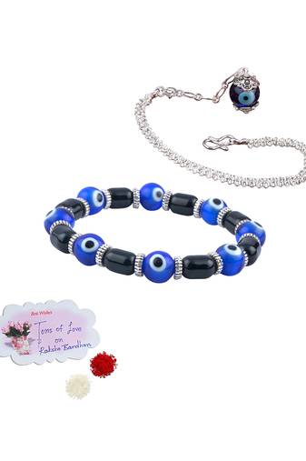 Handmade rakhi combo couple pair panch mukhi rudraksh and jhumki charm bracelet silver plated set for bhaiya bhabhi