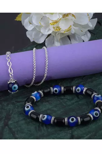 Handmade rakhi combo couple pair panch mukhi rudraksh and jhumki charm bracelet silver plated set for bhaiya bhabhi