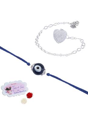 Handmade rakhi combo couple pair evil eye and heart charm unisex bracelet silver plated set for bhaiya bhabhi 1