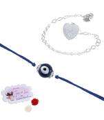 Handmade rakhi combo couple pair evil eye and heart charm unisex bracelet silver plated set for bhaiya bhabhi