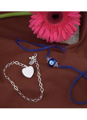 Handmade rakhi combo couple pair evil eye and heart charm unisex bracelet silver plated set for bhaiya bhabhi 2