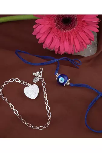Handmade rakhi combo couple pair evil eye and heart charm unisex bracelet silver plated set for bhaiya bhabhi