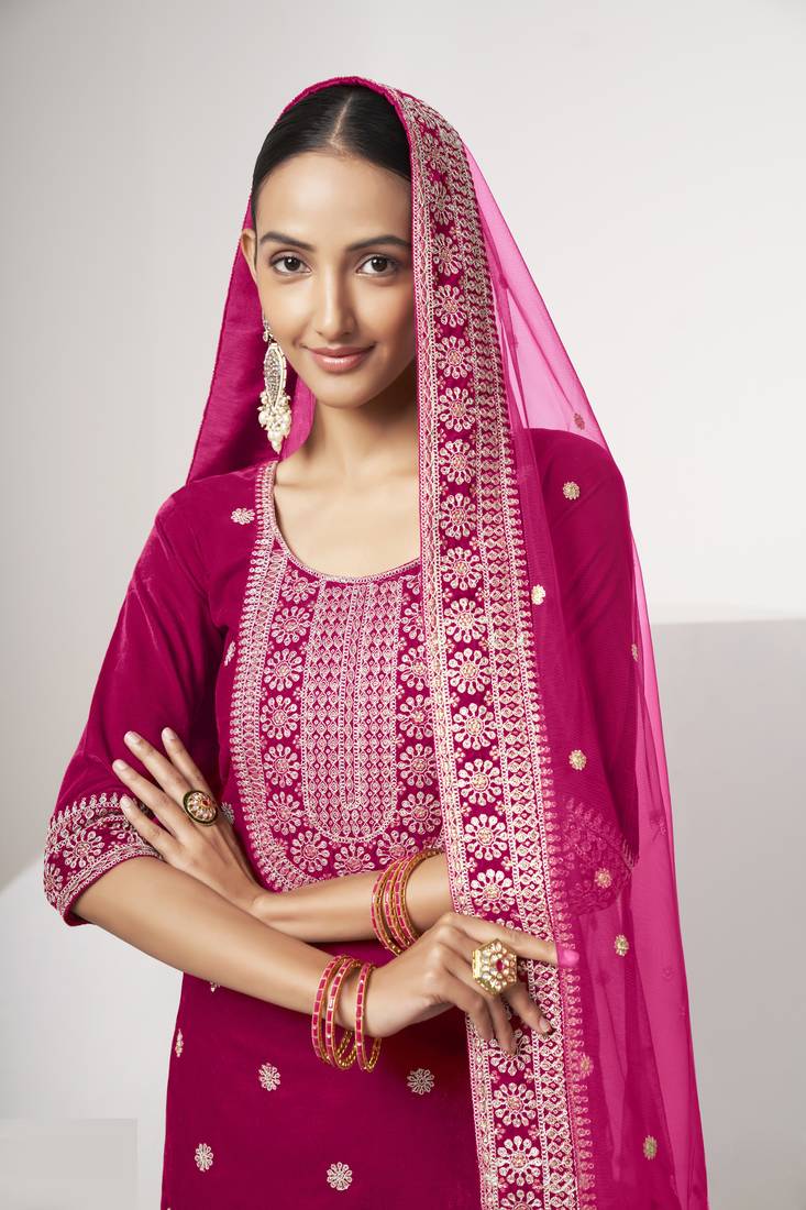 Pink Colored Sequins Zari And Codding Embroidered Velvet Unstitched Indian Suits