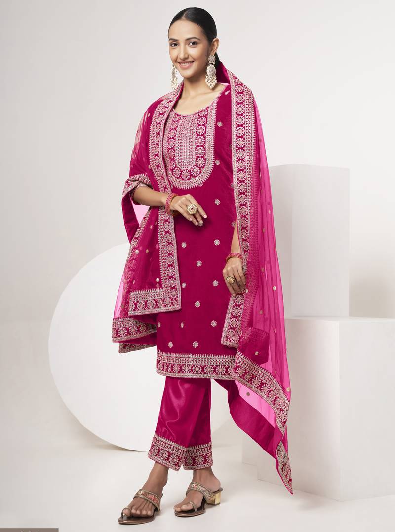 Pink Colored Sequins Zari And Codding Embroidered Velvet Unstitched Indian Suits
