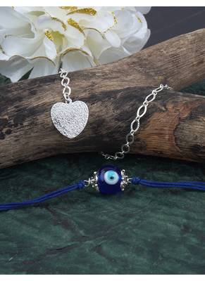 Handmade rakhi combo couple pair evil eye and heart charm unisex bracelet silver plated set for bhaiya bhabhi 3