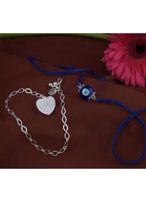 Handmade rakhi combo couple pair evil eye and heart charm unisex bracelet silver plated set for bhaiya bhabhi 4