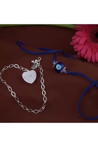 Handmade rakhi combo couple pair evil eye and heart charm unisex bracelet silver plated set for bhaiya bhabhi