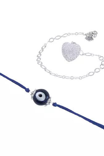 Handmade rakhi combo couple pair evil eye and heart charm unisex bracelet silver plated set for bhaiya bhabhi