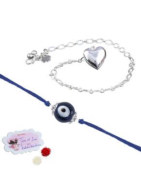 Handmade rakhi combo couple pair evil eye and heart charm unisex bracelet silver plated set for bhaiya bhabhi 1
