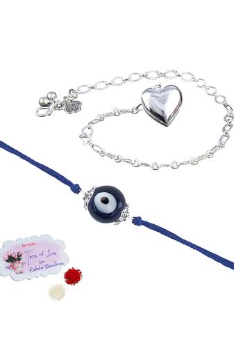 Handmade rakhi combo couple pair evil eye and heart charm unisex bracelet silver plated set for bhaiya bhabhi