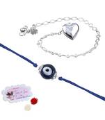 Handmade rakhi combo couple pair evil eye and heart charm unisex bracelet silver plated set for bhaiya bhabhi