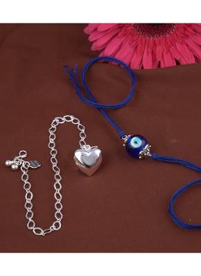 Handmade rakhi combo couple pair evil eye and heart charm unisex bracelet silver plated set for bhaiya bhabhi 2