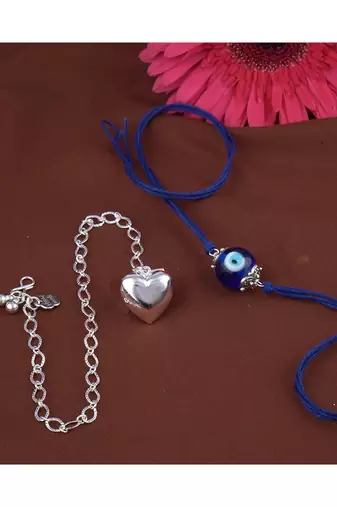 Handmade rakhi combo couple pair evil eye and heart charm unisex bracelet silver plated set for bhaiya bhabhi