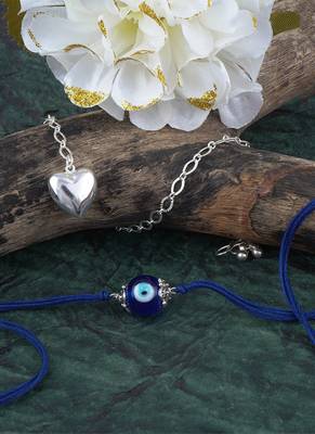 Handmade rakhi combo couple pair evil eye and heart charm unisex bracelet silver plated set for bhaiya bhabhi 3