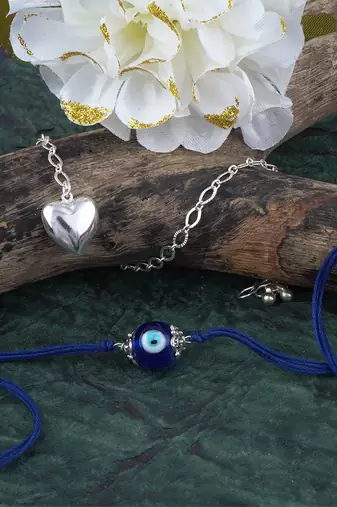 Handmade rakhi combo couple pair evil eye and heart charm unisex bracelet silver plated set for bhaiya bhabhi