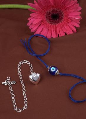 Handmade rakhi combo couple pair evil eye and heart charm unisex bracelet silver plated set for bhaiya bhabhi 4