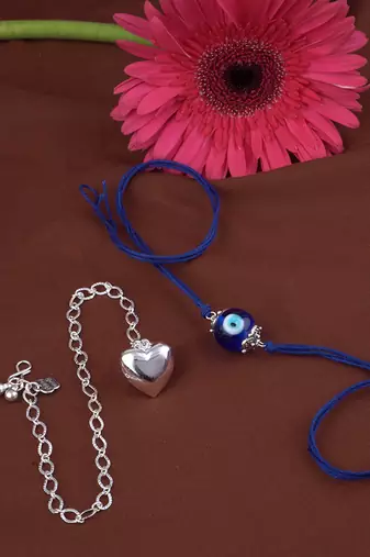 Handmade rakhi combo couple pair evil eye and heart charm unisex bracelet silver plated set for bhaiya bhabhi