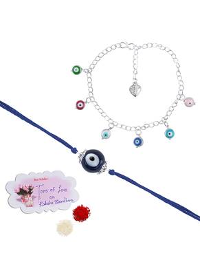 Handmade rakhi combo couple pair evil eye and colorful evil eye charms bracelet silver plated set for bhaiya bhabhi 1