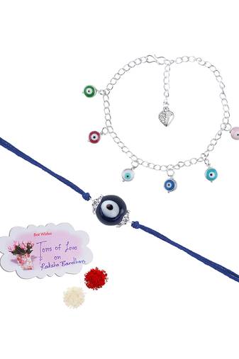 Handmade rakhi combo couple pair evil eye and colorful evil eye charms bracelet silver plated set for bhaiya bhabhi