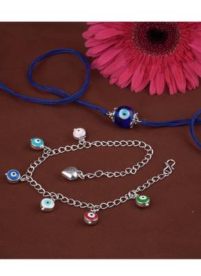 Handmade rakhi combo couple pair evil eye and colorful evil eye charms bracelet silver plated set for bhaiya bhabhi 2